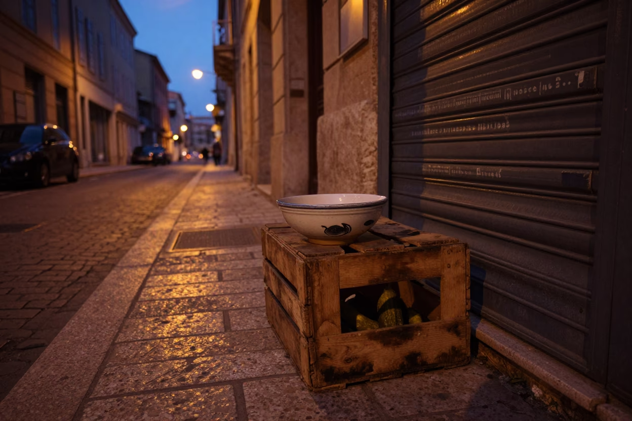 Predawn Marseille Street Scene with Ceramic Bowl and Pickle Jar on Cobblestone in in Marseille, France