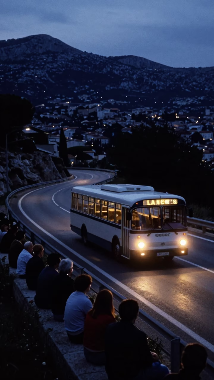 Predawn Marseille Street Scene with Classic Bus and Wool Scarves in in Marseille, France