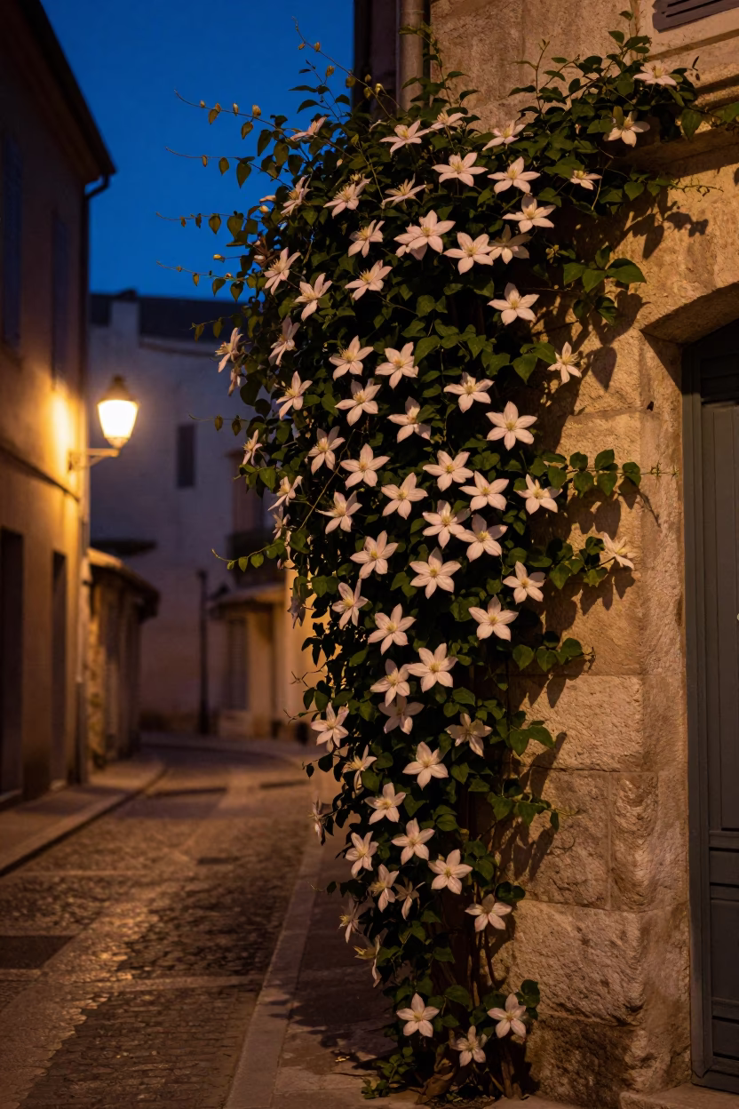 Predawn Marseille street scene with clematis vine on stone wall and mesh colander in in Marseille, France