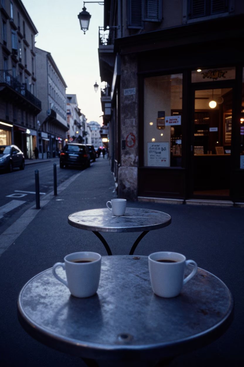 Predawn Marseille Street Scene with Coffee Mugs and Urban Smudges in 1970s France in in Marseille, France