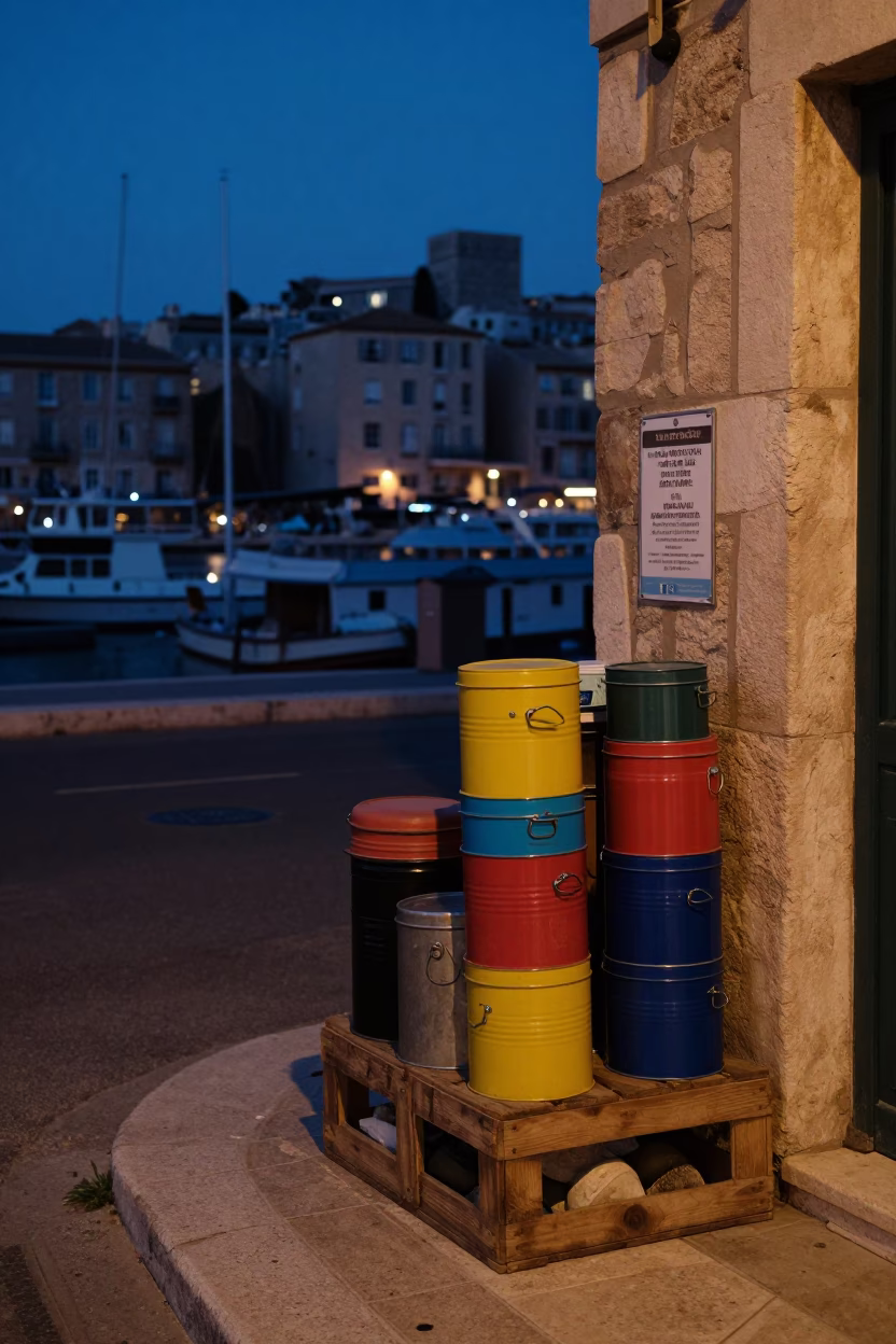 Predawn Marseille Street Scene with Colorful Storage Tins and Brass Rim in in Marseille, France