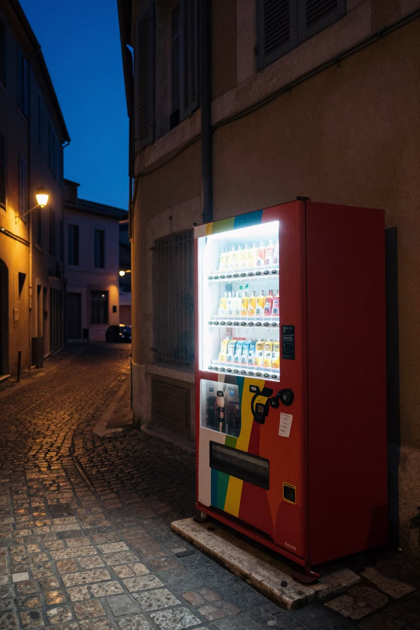 Predawn Marseille Street Scene with Colorful Vending Machine and Faded Graffiti in in Marseille, France