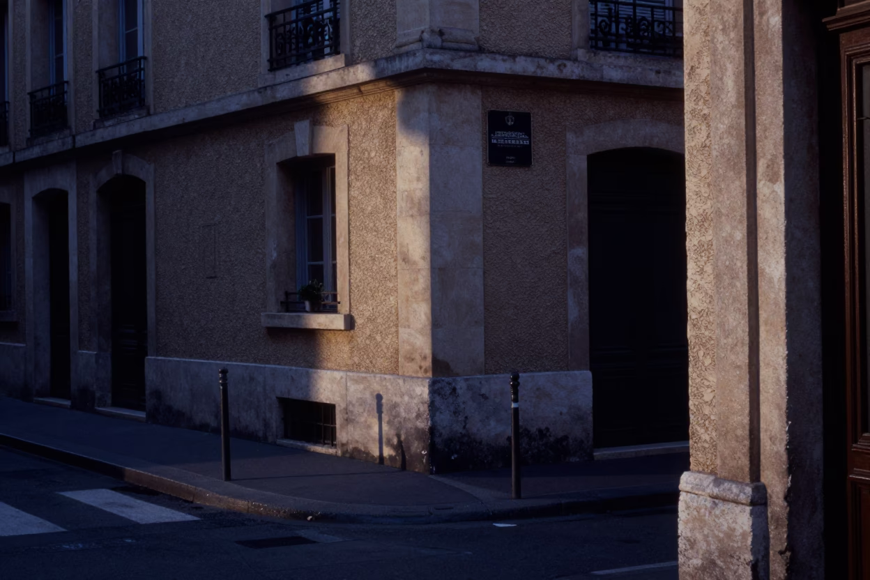 Predawn Marseille Street Scene with Condensation on Doorframe and Wall Hook in in Marseille, France