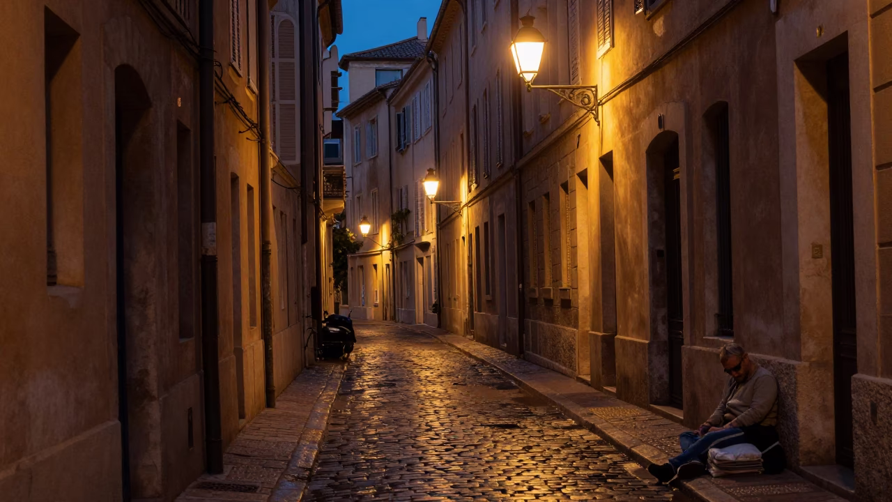 Predawn Marseille Street Scene with Lantern-Lit Alley and Sleeping Bag in in Marseille, France