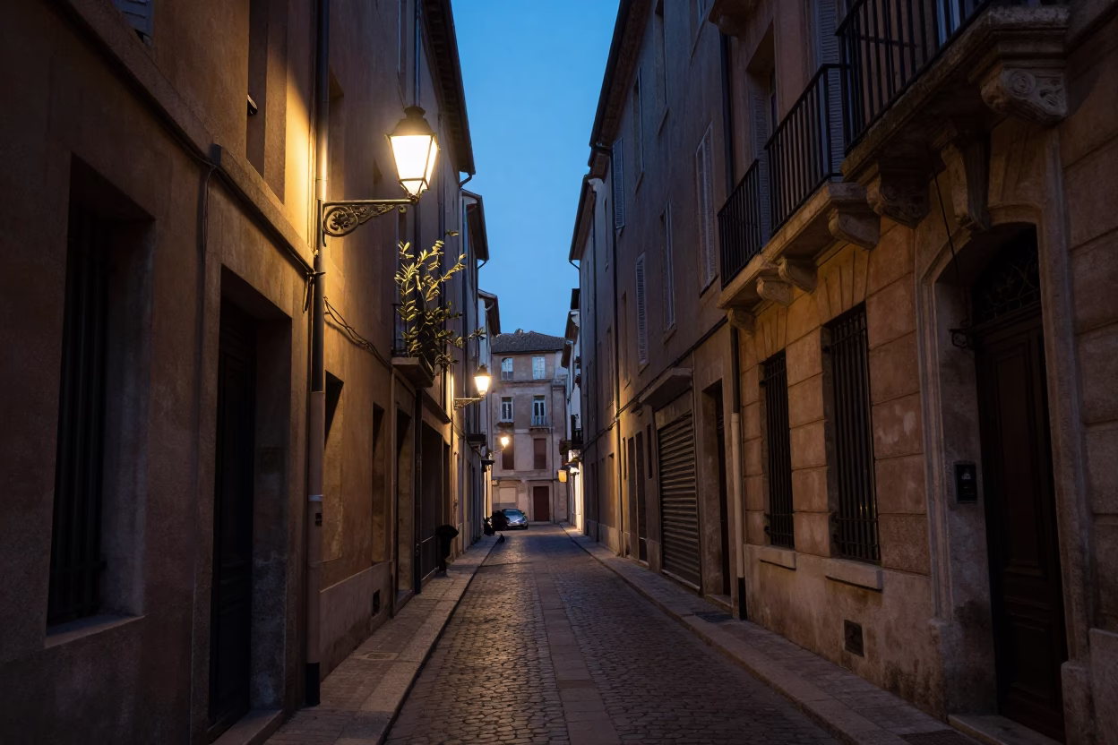 Predawn Marseille Street Scene with Lanterns and Olive Branch in in Marseille, France
