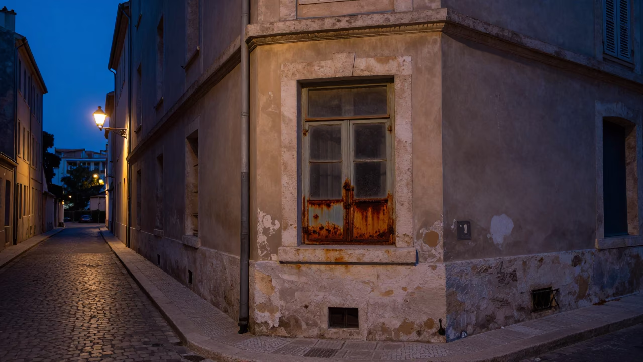 Predawn Marseille Street Scene with Rusty Window and Empty Metal Stools in in Marseille, France