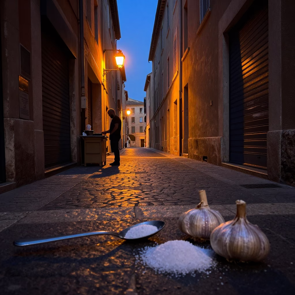 Predawn Marseille street scene with salt spoon and garlic press on cobblestones in in Marseille, France