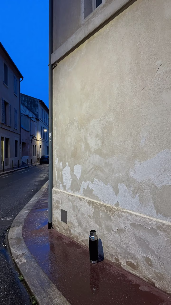 Predawn Marseille street scene with thermos and plaster wall details in in Marseille, France