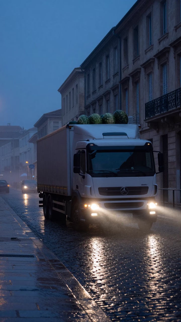 Predawn Marseille Street Scene with Truck and Wet Cobblestones in in Marseille, France