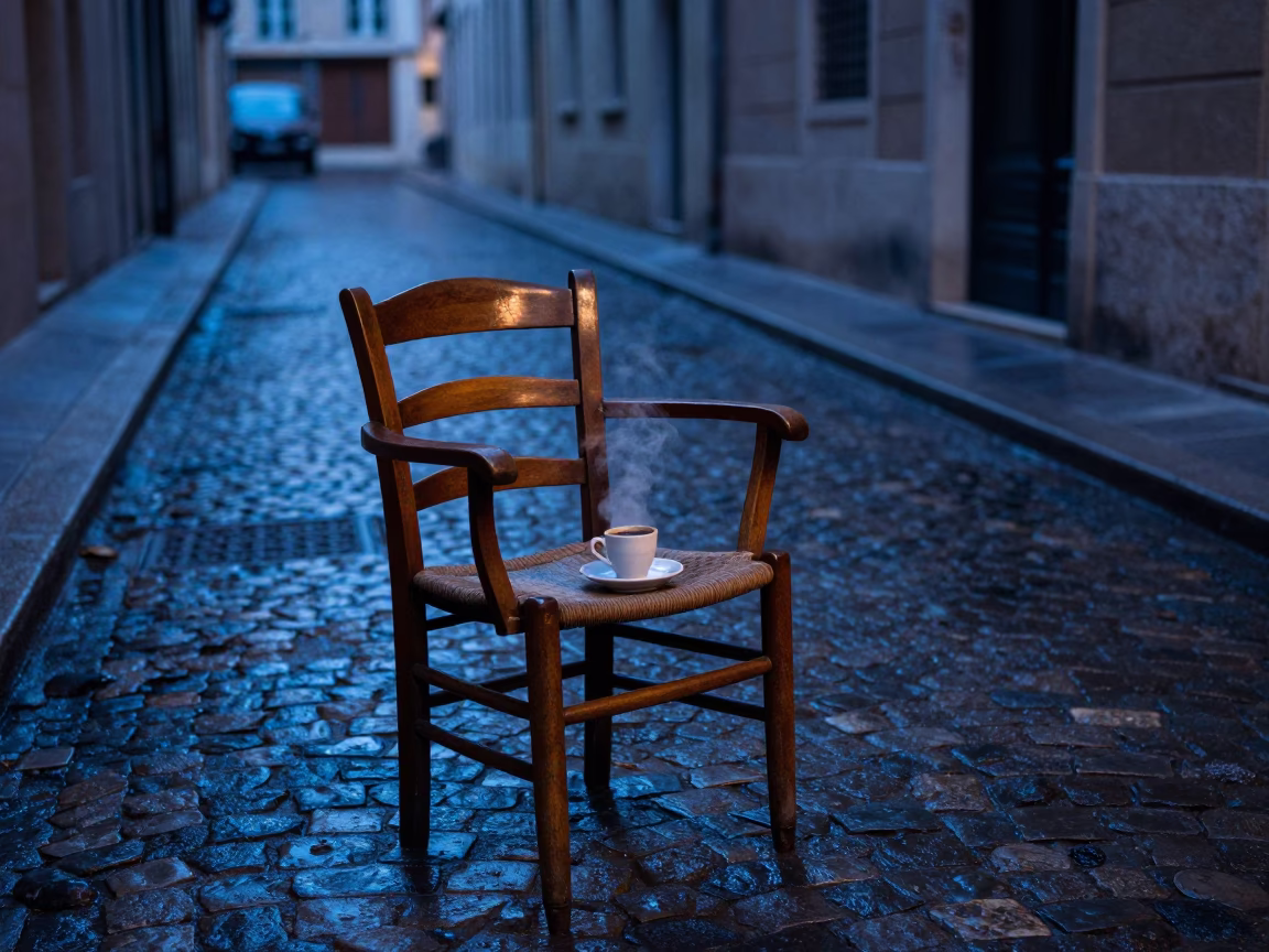 Predawn Marseille Street Scene with Vintage Armchair and Coffee Cup in in Marseille, France