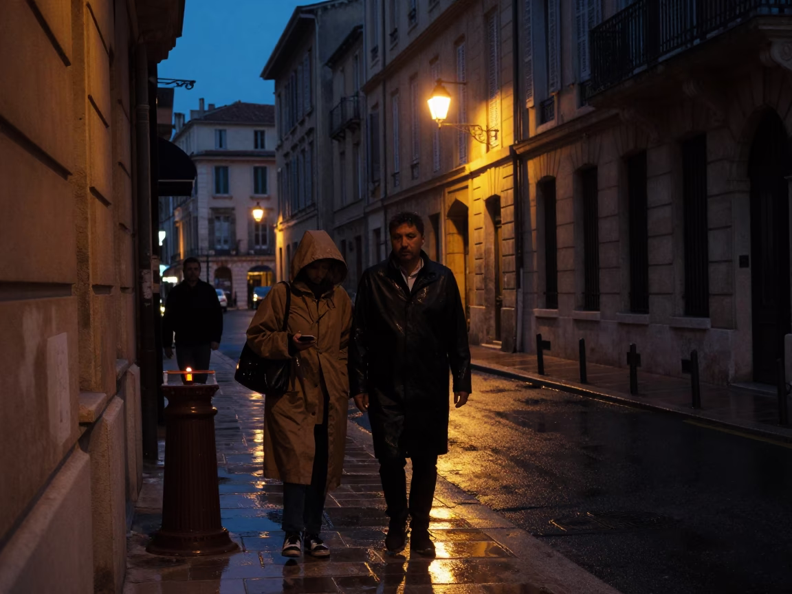 Predawn Marseille Street Scene with Vintage Raincoats and Candlestick Detail in in Marseille, France