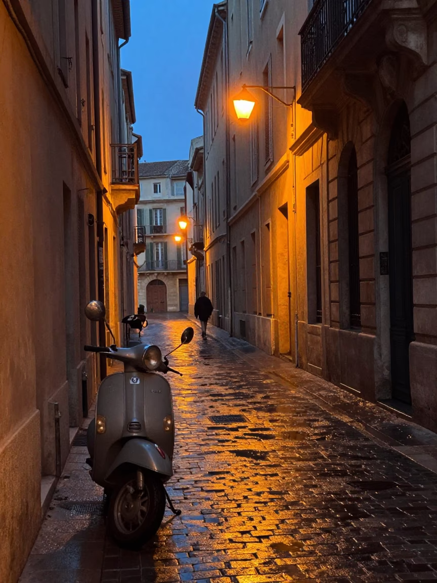 Predawn Marseille street scene with vintage scooter and wet cobblestones in in Marseille, France