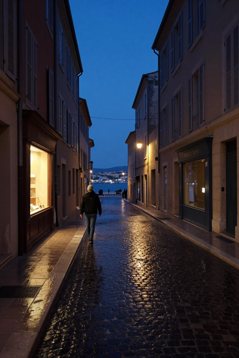 Predawn Marseille street scene with wet cobblestones and distant harbor lights in in Marseille, France