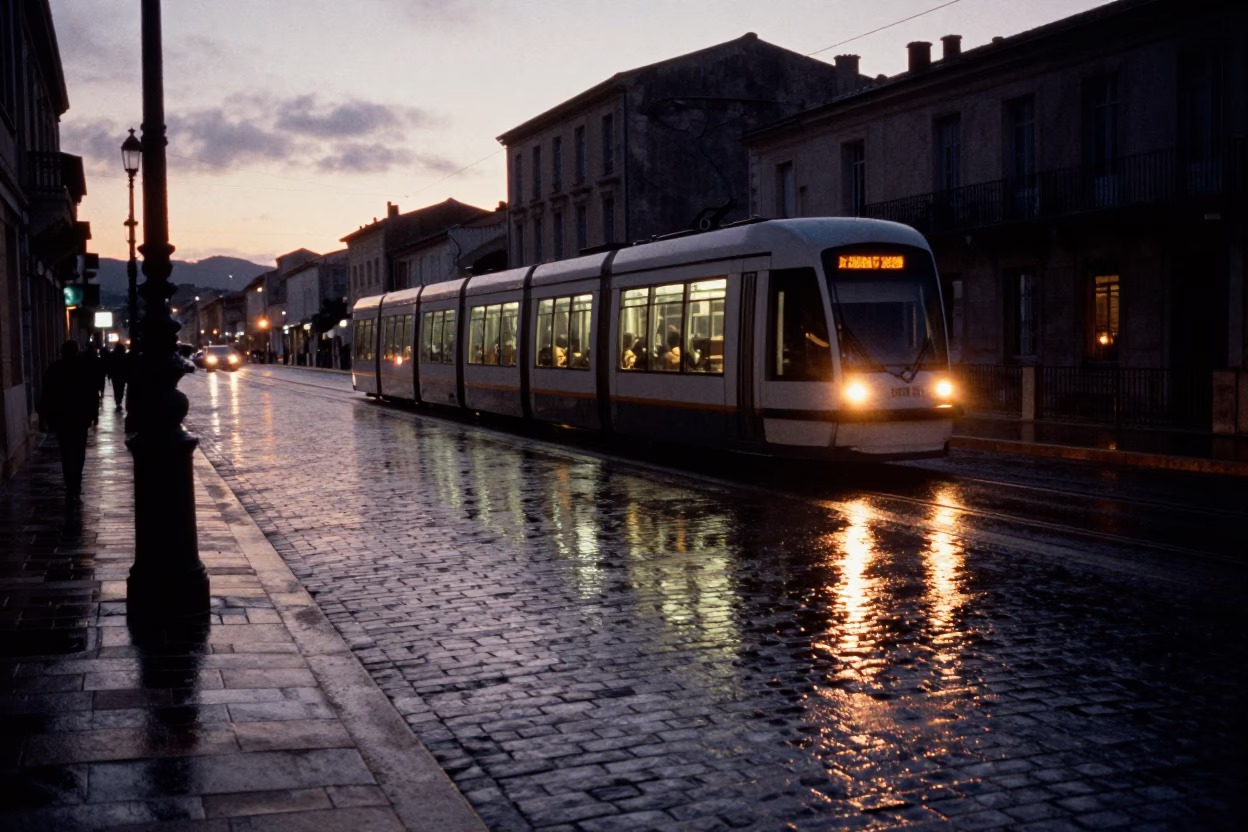Predawn Marseille Tram Reflections on Wet Cobblestones Near Vieux Port in in Marseille, France