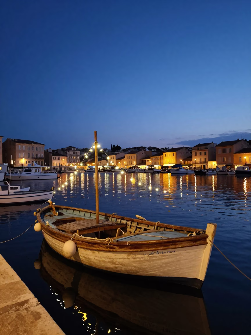 Predawn Marseille Vieux Port Fishing Boat and String Lights Realistic Photograph in in Marseille, France