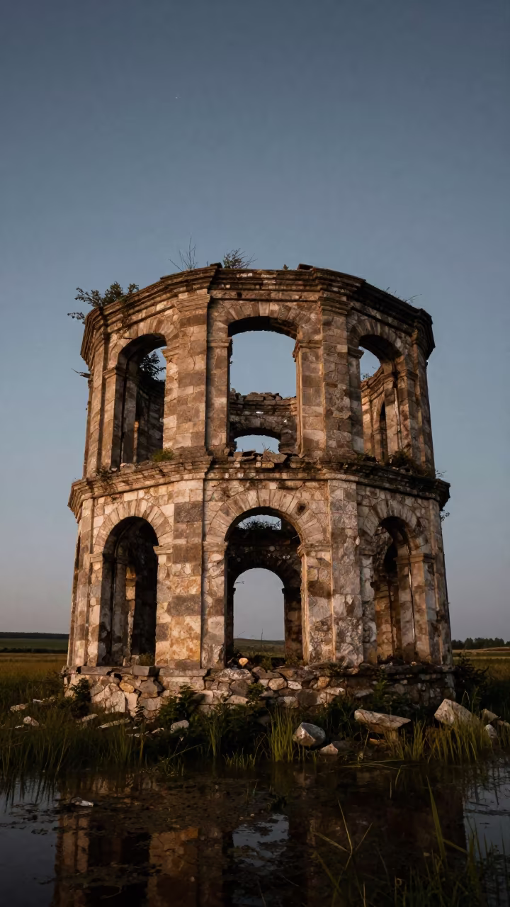 Predawn Marsh Watch Post Ruin Prizren in among collapsed cloisters near Prizren
