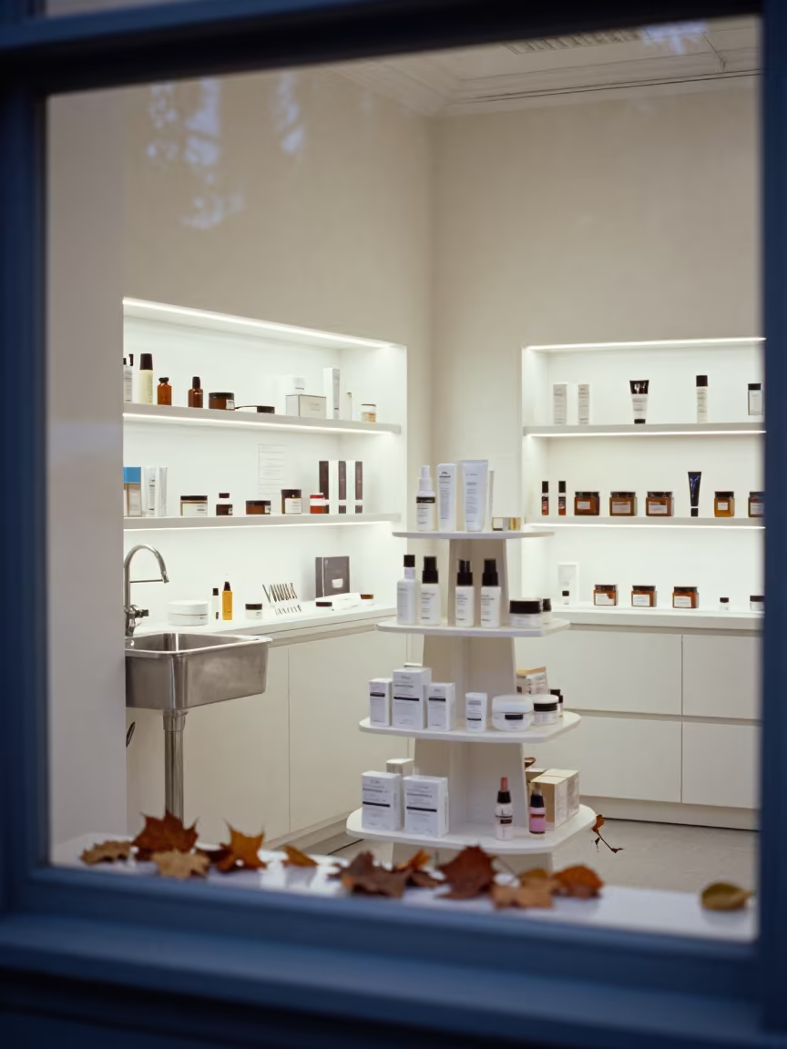 Predawn Massage Sink and Product Display Copenhagen in in a beauty supply area under white LEDs in Copenhagen