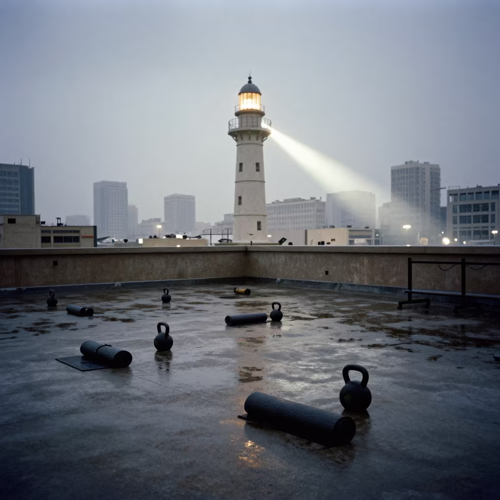 Predawn Mecca Rooftop Fitness Silhouette Lighthouse in at an outdoor stair workout landing in Mecca
