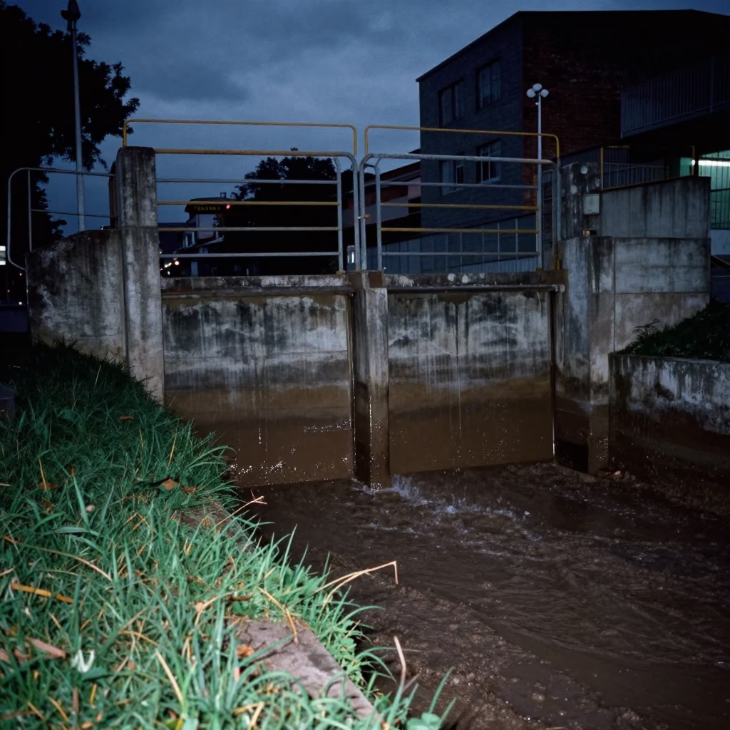 Predawn Medellin Colombia Sluice Gate Dripping Muddy Canal Edge Urban Landscape in in Medellin, Colombia