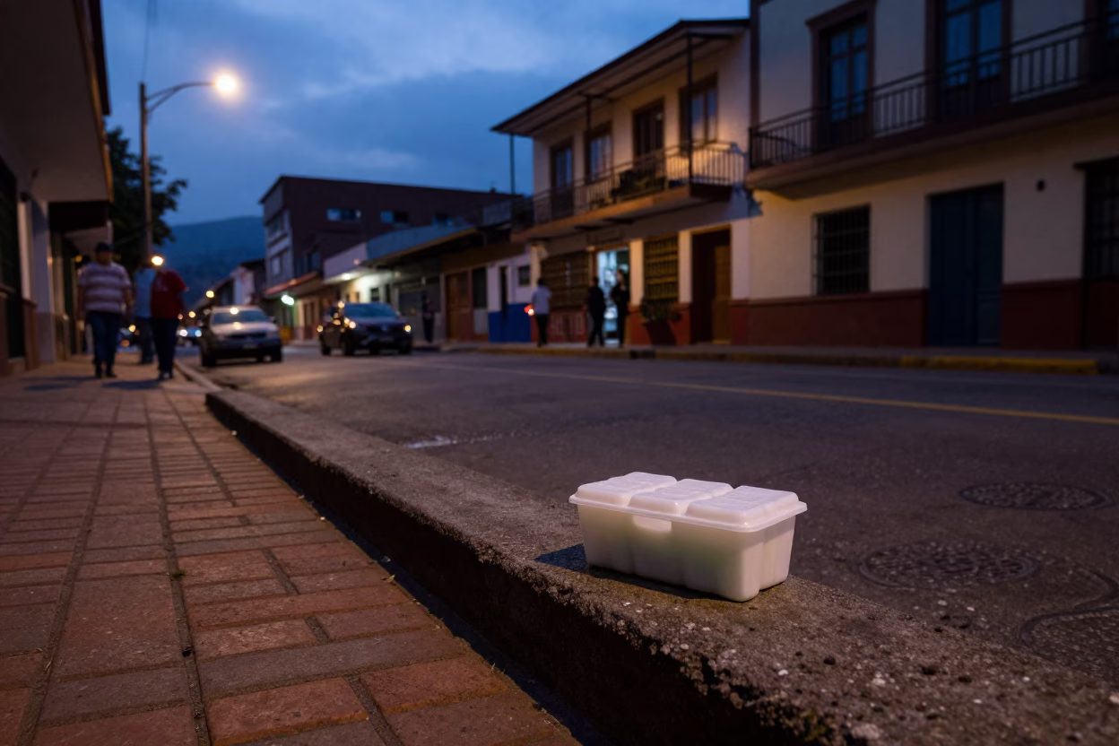 Predawn Medellin street corner with soap case and brick wall in in Medellin, Colombia