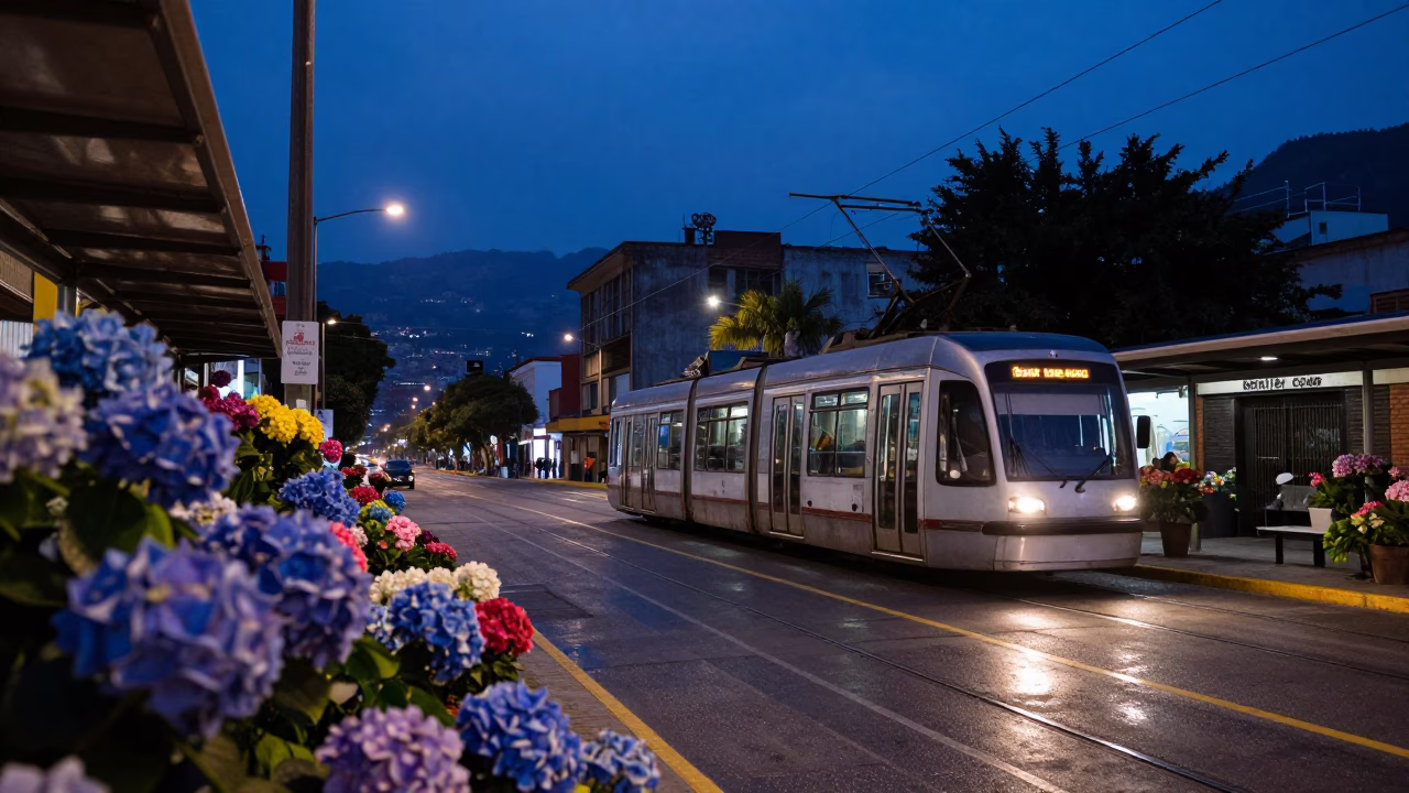 Predawn Medellín Street Scene with Tram and Hydrangeas in Colombia in in Medellin, Colombia