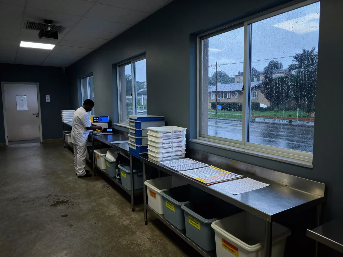 Predawn Medical Supply Check in Harare Corridor in inside a prep corridor with organized storage in Harare