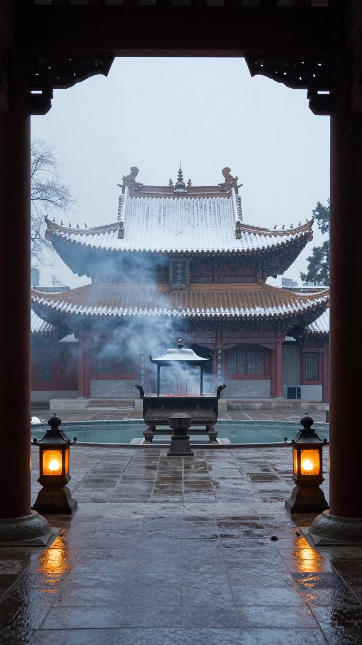 Predawn Meditation Courtyard Snow Falls on Temple Pool in at the edge of a sacred pool in Katowice