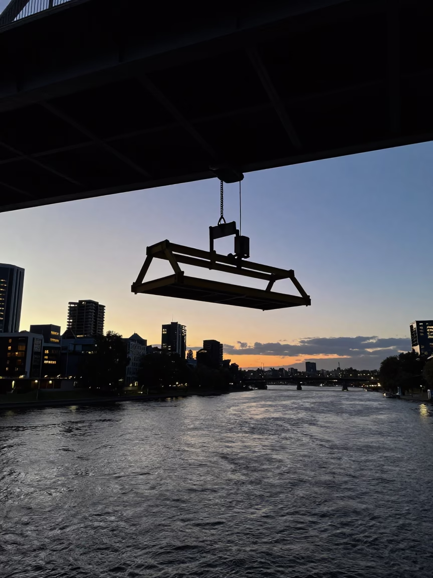 Predawn Melbourne Bridge Maintenance Cradle Hanging Above Dark Yarra River Water in in Melbourne, Victoria, Australia