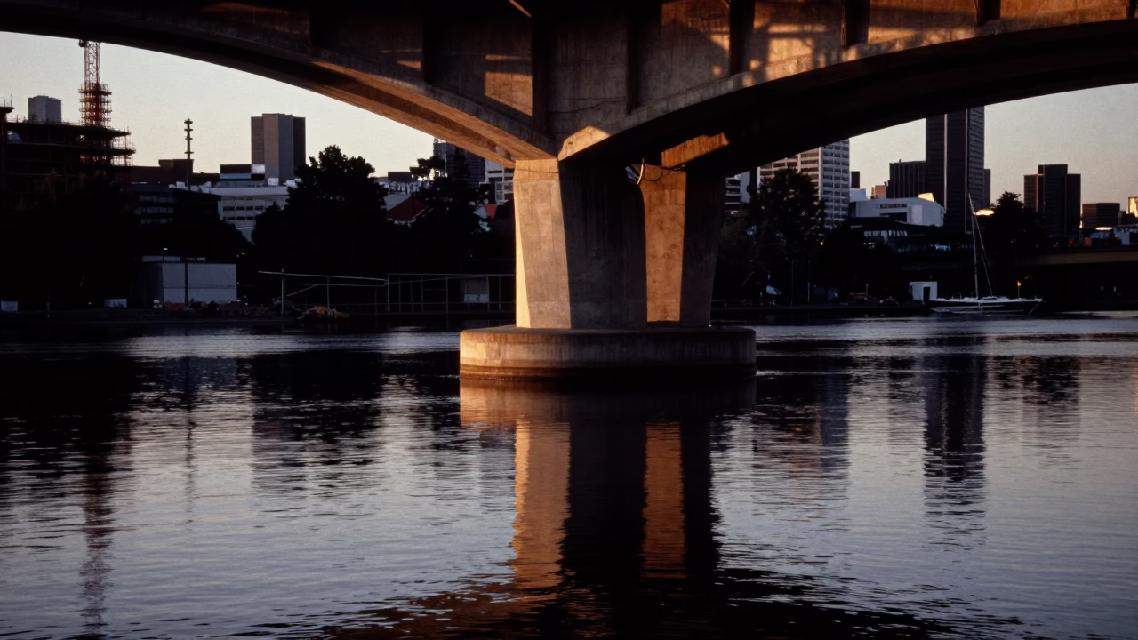 Predawn Melbourne Bridge Pier Reflections and Construction Site Cement Mixer in in Melbourne, Victoria, Australia