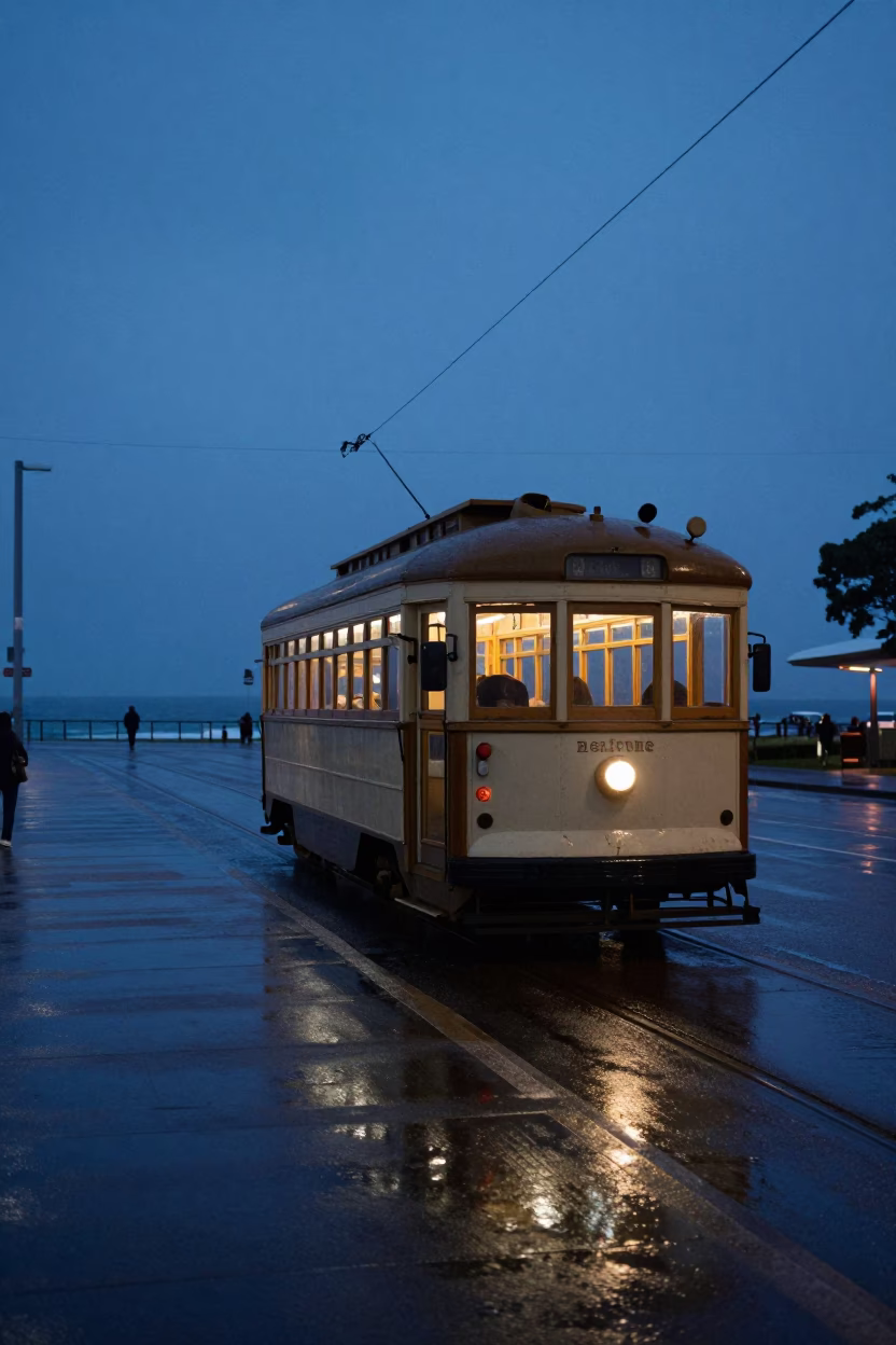 Predawn Melbourne Heritage Tram Rain Swept Coastal Promenade Shot in in Melbourne, Victoria, Australia