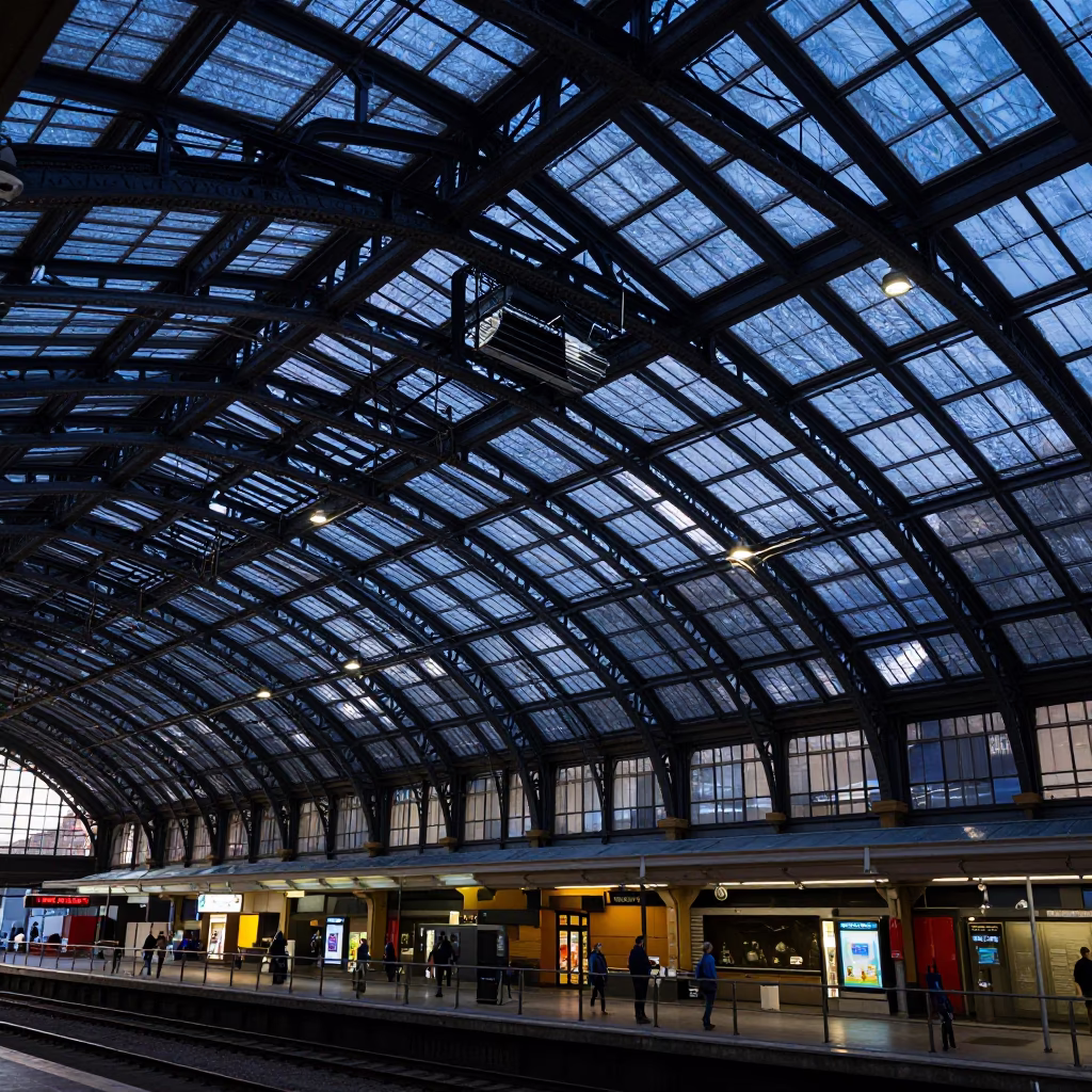 Predawn Melbourne Railway Station Glass Steel Arched Roof Urban Photography in in Melbourne, Victoria, Australia
