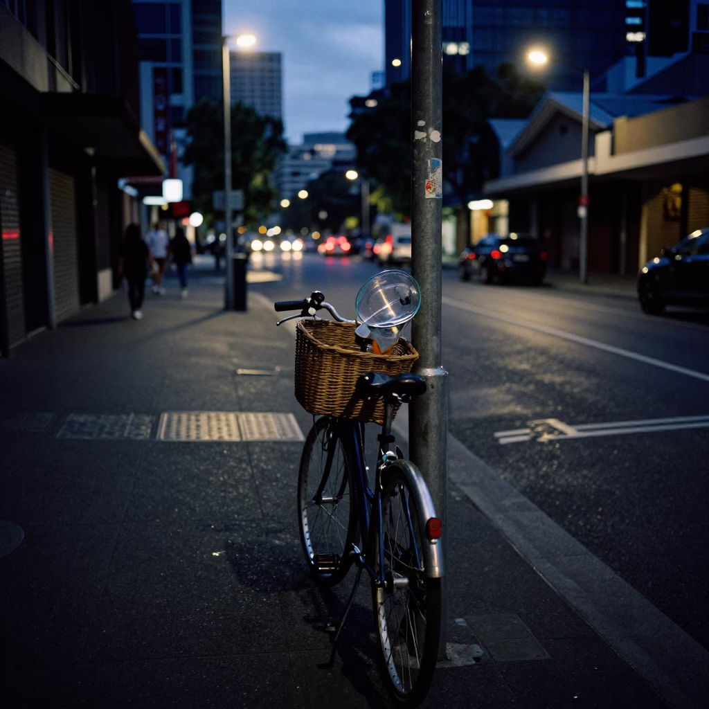 Predawn Melbourne Street Scene with Bicycle Basket and Glass Window Reflection in in Melbourne, Victoria, Australia