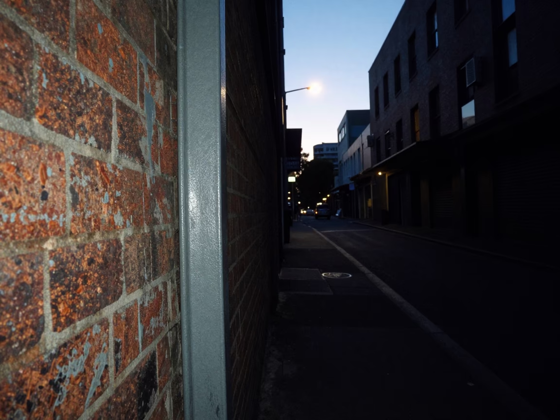 Predawn Melbourne Street Scene with Grease Sheen on Doorframe and Quiet Urban Atmosphere in in Melbourne, Victoria, Australia