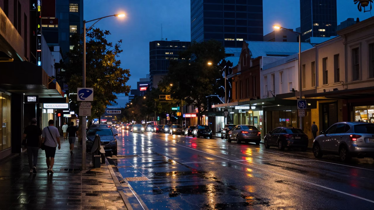 Predawn Melbourne Street Scene with Neon Reflections and Early Morning Commuters in in Melbourne, Victoria, Australia