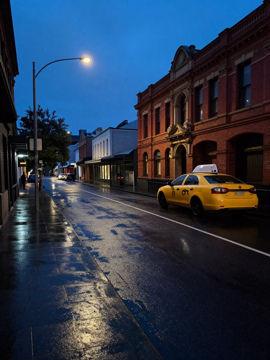 Predawn Melbourne street scene with rain-slicked pavement and quiet urban stillness in in Melbourne, Victoria, Australia