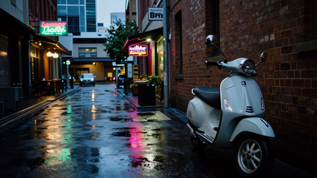 Predawn Melbourne Street Scene with Reflected Vespa and City Lights in in Melbourne, Victoria, Australia