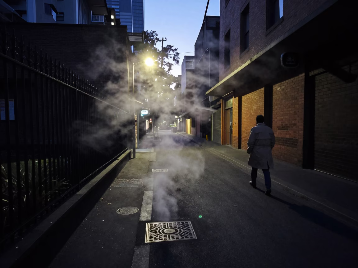 Predawn Melbourne Street Scene with Steam and Urban Details in in Melbourne, Victoria, Australia