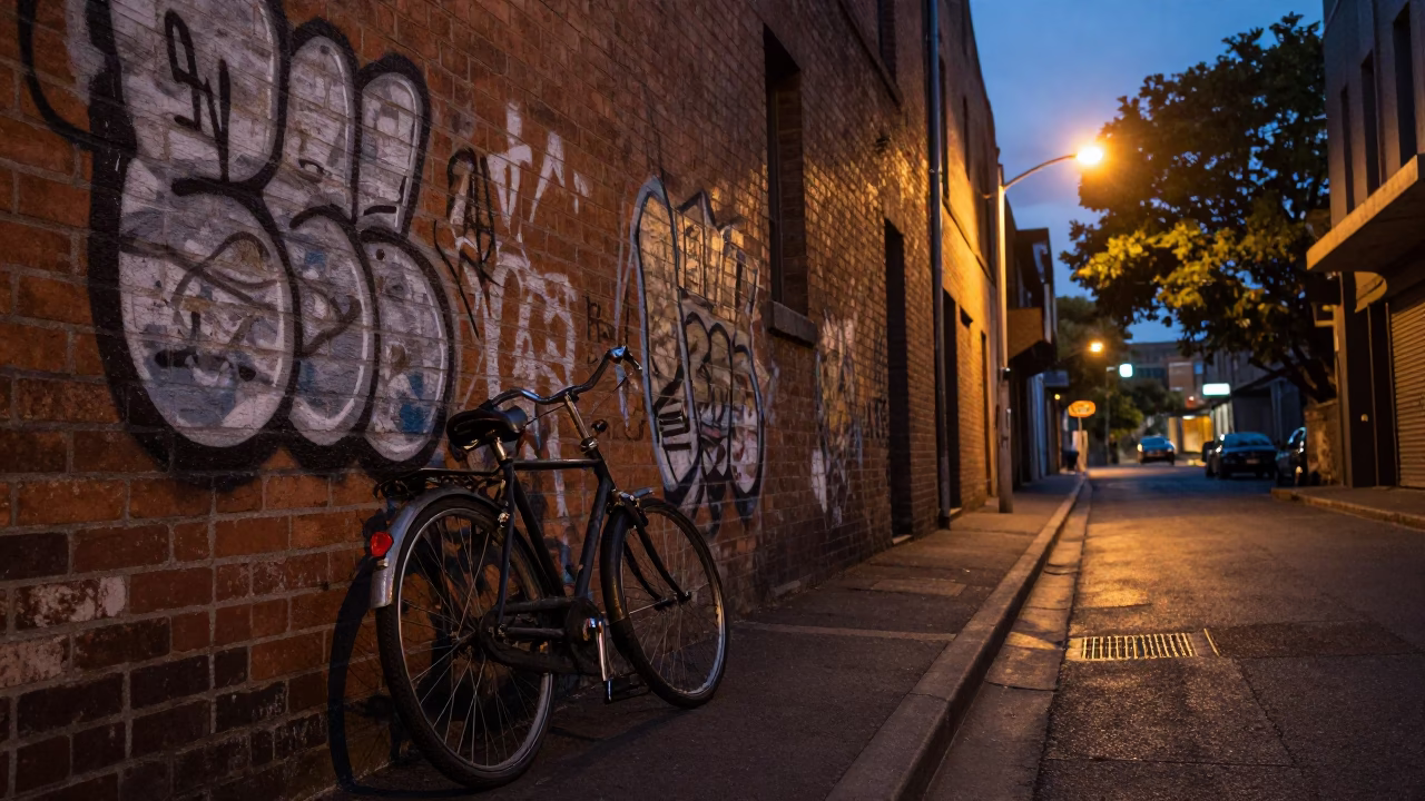 Predawn Melbourne Street Scene with Vintage Bicycle and Urban Details in in Melbourne, Victoria, Australia