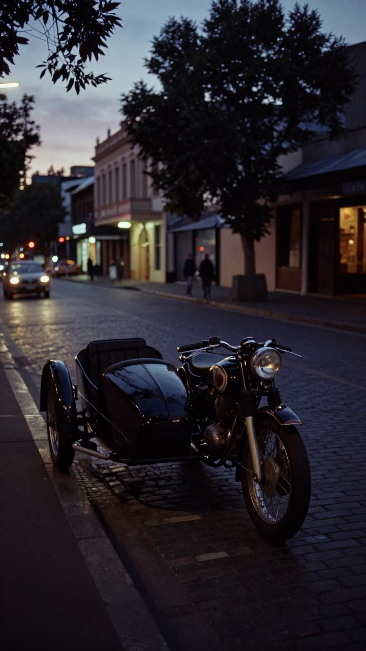 Predawn Melbourne Street Scene with Vintage Motorcycle and Sidecar in Victoria Australia in in Melbourne, Victoria, Australia