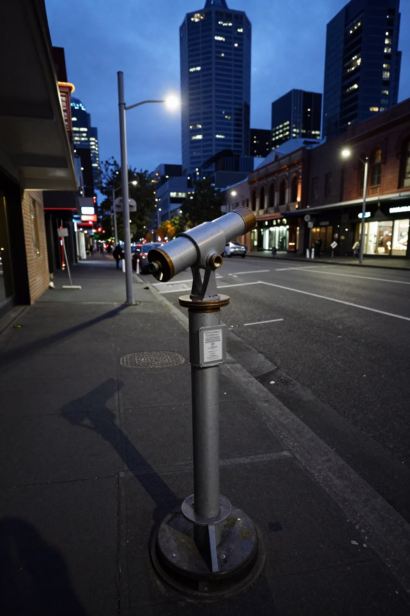 Predawn Melbourne Street Scene with Vintage Telescope and Urban Debris in Victoria Australia in in Melbourne, Victoria, Australia