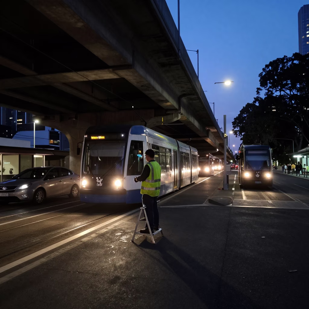 Predawn Melbourne Tram Depot Worker Cleaning Flyover Underside Shadows in in Melbourne, Victoria, Australia