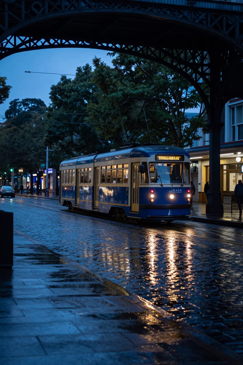 Predawn Melbourne Tram Reflections on Wet Cobblestones Under Iron Roof in in Melbourne, Victoria, Australia
