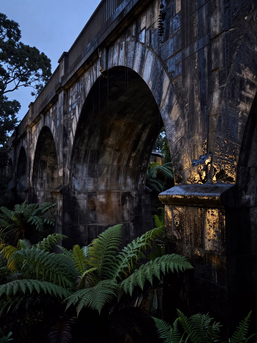 Predawn Melbourne Vic Viaduct Arch Undercroft Dripping Ferny Stone in in Melbourne, Victoria, Australia