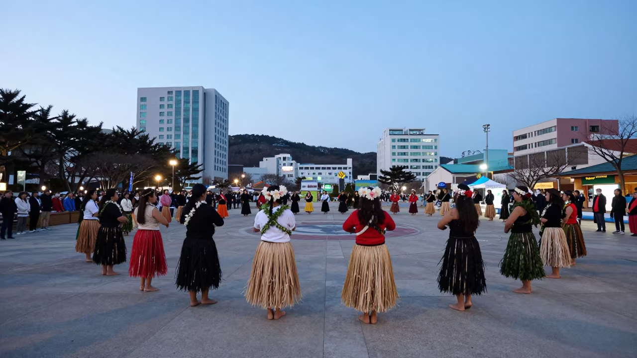 Predawn Merrie Monarch Hula Festival Preparations in at a public square during a festival near Seomyeon, Busan
