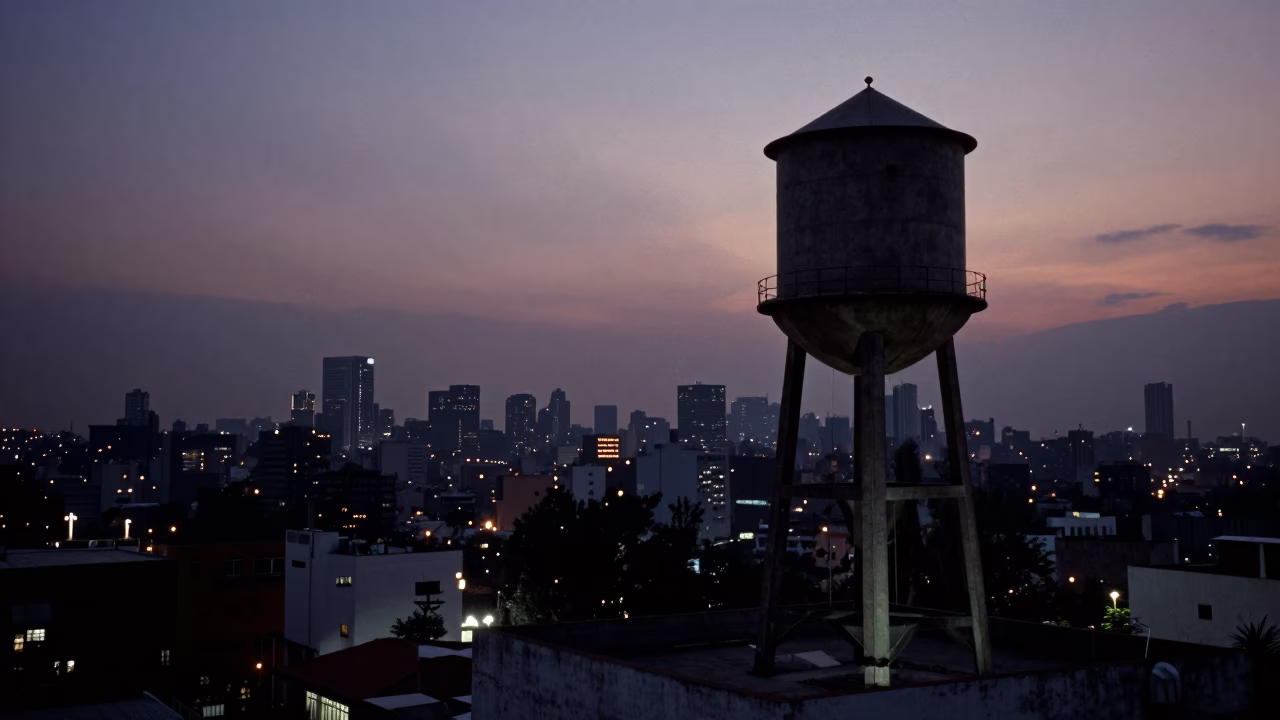 Predawn Mexico City Rooftop Water Tower and Urban Skyline at Dawn in in Mexico City, Mexico