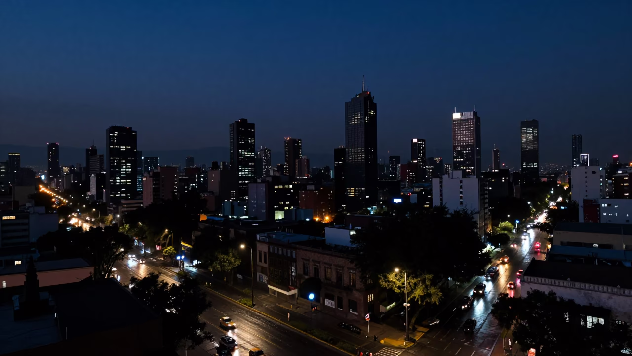 Predawn Mexico City Skyline and Street Life in 1980s Realistic Photograph in in Mexico City, Mexico