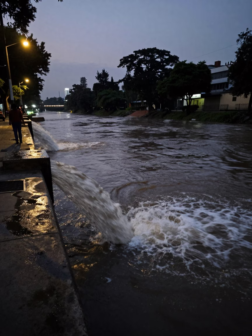 Predawn Mexico City Storm Drain Outfall Pouring into Swollen River Dark in in Mexico City, Mexico