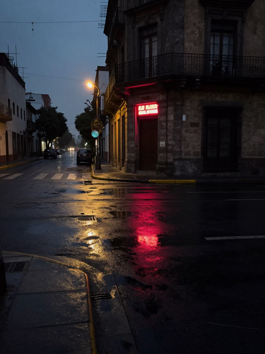 Predawn Mexico City Street Corner with Neon Reflections and Urban Drainage in in Mexico City, Mexico