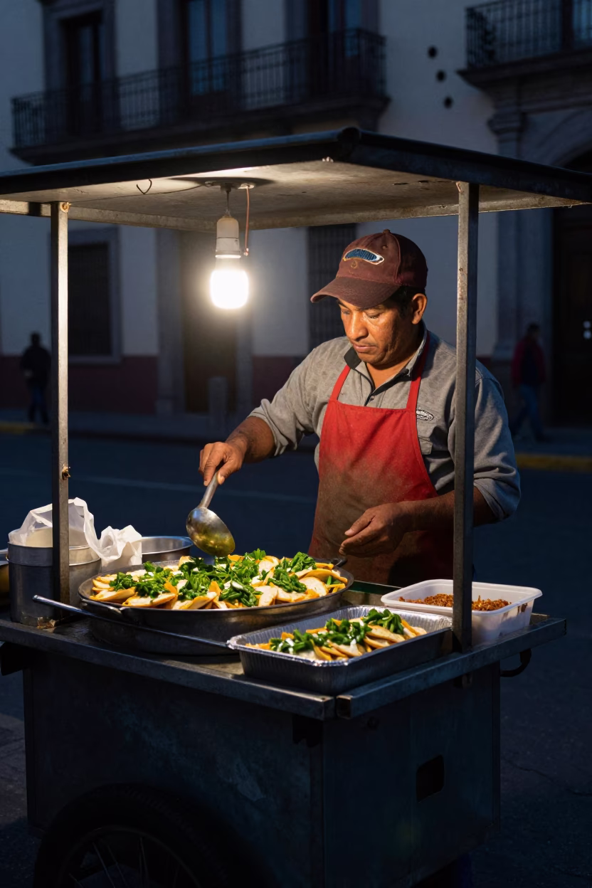 Predawn Mexico City street food vendor preparing chilaquiles with green salsa in in Mexico City, Mexico