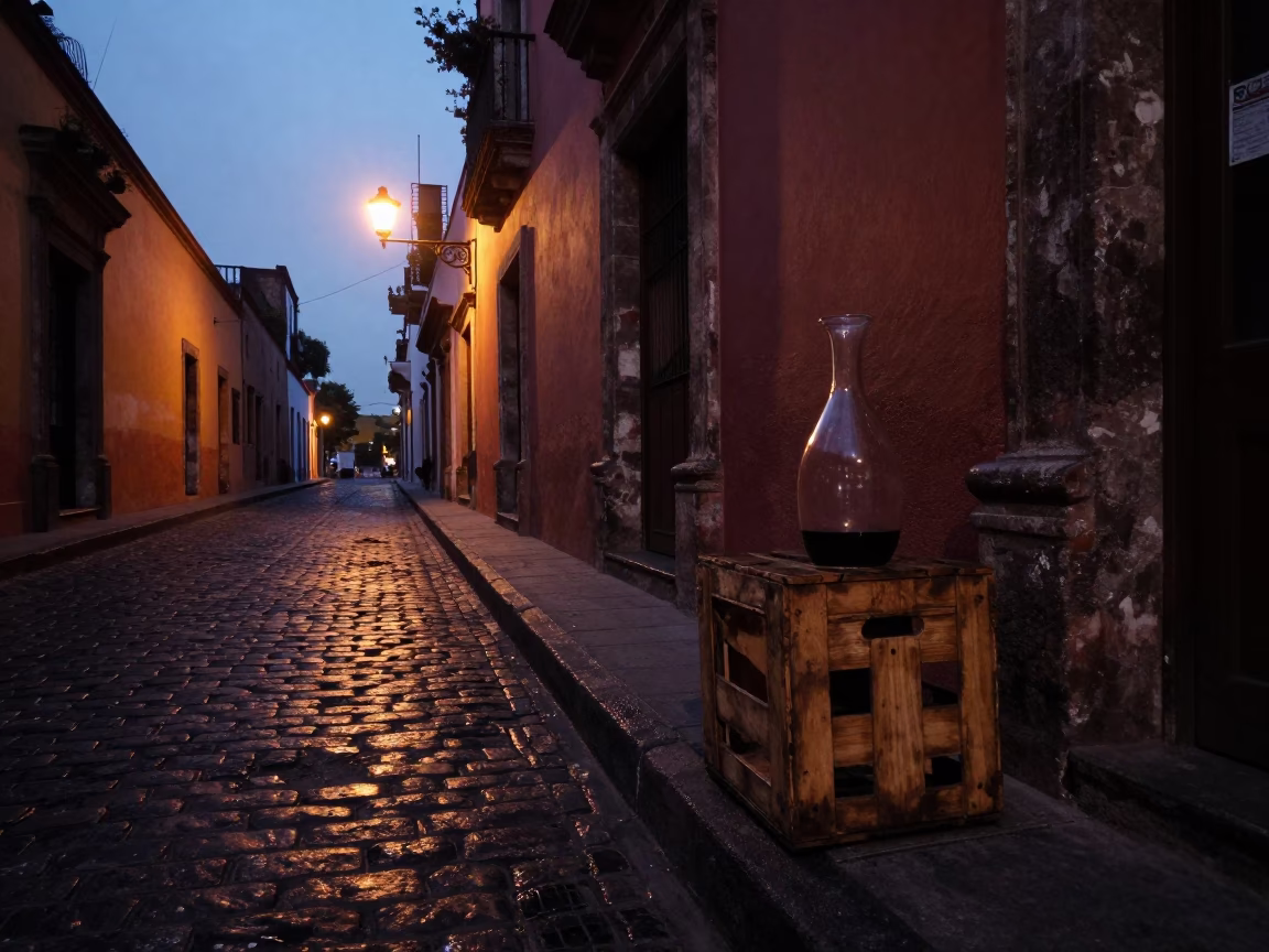Predawn Mexico City Street Scene with Crate and Glass Carafe in Dark Urban Setting in in Mexico City, Mexico